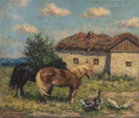 Russischer Impressionist &quot;Bauernhof mit Pferden und Federvieh&quot;, Öl/Lw., undeutl. sign. u. dat. 1907?, 35,5x41,5 cm, ungerahmt