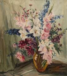 &quot;Sommerblumen in gelber Vase&quot;, Öl/ Lw., undeutl. sign. u.r., 70,5x60 cm, ungerahmt