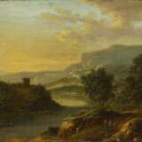 Zwei Gemälde: Bergige Flusslandschaft mit Personen. Sowie Sonnenaufgang in Landschaft - Foto 1