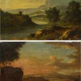 Zwei Gemälde: Bergige Flusslandschaft mit Personen. Sowie Sonnenaufgang in Landschaft - photo 2