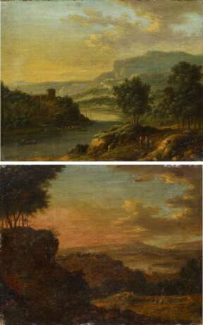 Zwei Gemälde: Bergige Flusslandschaft mit Personen. Sowie Sonnenaufgang in Landschaft - Foto 2
