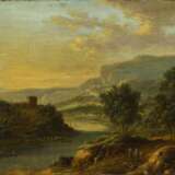 Zwei Gemälde: Bergige Flusslandschaft mit Personen. Sowie Sonnenaufgang in Landschaft - Foto 3