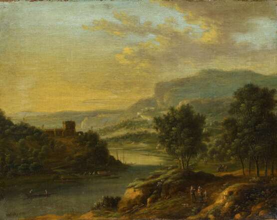 Zwei Gemälde: Bergige Flusslandschaft mit Personen. Sowie Sonnenaufgang in Landschaft - фото 3