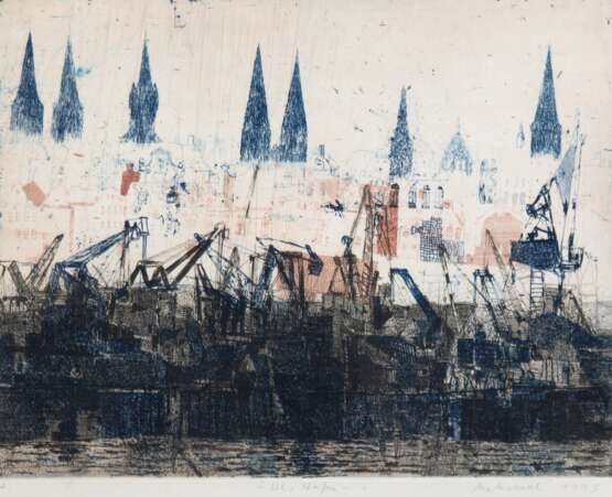 Behrendt, Falko (1951 Torgelow, seit 1991 lebt und arbeitet er in Lübeck) "Hafen von Lübeck", Farbradierung, E.A., sign. u.r. und dat. 1993, 23,5x30 cm, ungerahmt - фото 1