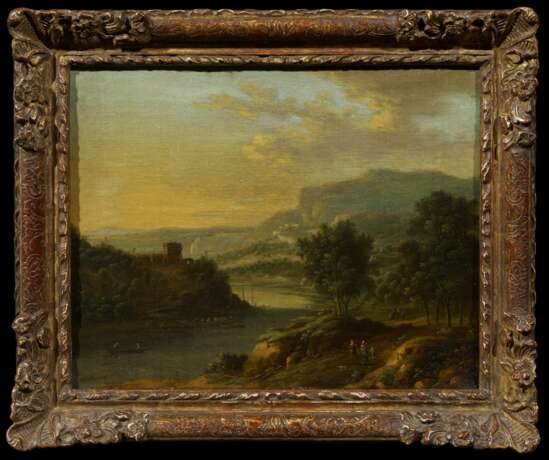 Zwei Gemälde: Bergige Flusslandschaft mit Personen. Sowie Sonnenaufgang in Landschaft - Foto 4