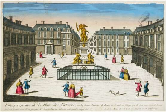 Guckkastenbild, 18. Jh. "Vue perspective de la Place des Victoires", handkolorierter Kupferstich, hinter Passepartout Gebrauchspuren 29x44 cm, hinter Glas im Rahmen - фото 1