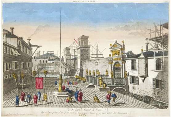 Guckkastenbild, 18. Jh. "Vue du grand Arsenal à Venise", , handkolorierter Kupferstich, hinter Passepartout Gebrauchspuren 29x40 cm, hinter Glas im Rahmen - фото 1