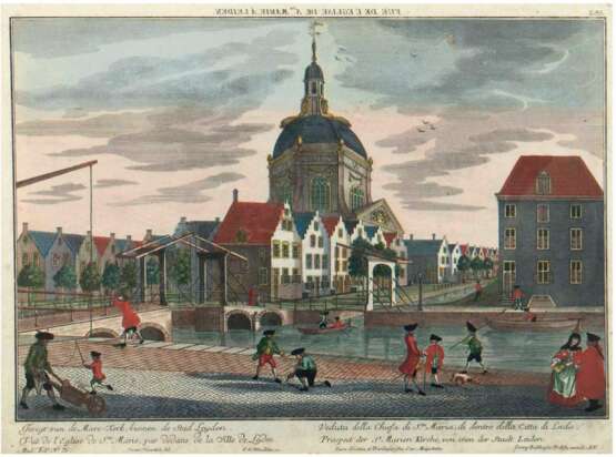 Guckkastenbild, 18. Jh. "Prospect der St. Marien Kirche, von inen der Stadt Leiden", handkolorierter Kupferstich von van Haastert, Winckler, Probst,hinter Passepartout Gebrauchspuren, kl. Risse am Rand rechts, … - Foto 1