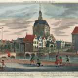 Guckkastenbild, 18. Jh. "Prospect der St. Marien Kirche, von inen der Stadt Leiden", handkolorierter Kupferstich von van Haastert, Winckler, Probst,hinter Passepartout Gebrauchspuren, kl. Risse am Rand rechts, … - Foto 1