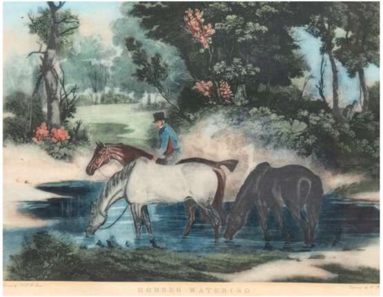 "Horses watering", englischer kolorierter Stich, 25x30,5 cm, hinter Glas im Passepartout und Rahmen - photo 1