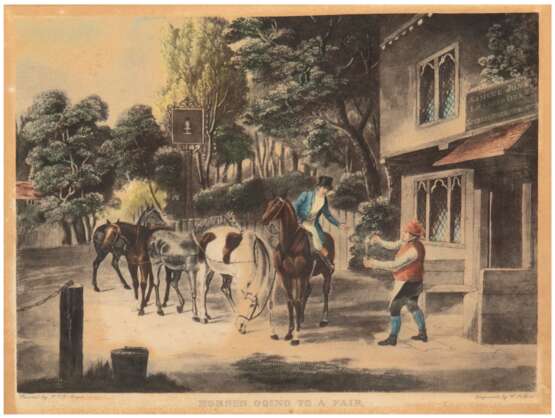 "Horses going to a fair", englischer kolorierter Stich, etwas stockfleckig, 24x30 cm, hinter Glas im Passepartout und Rahmen - photo 1