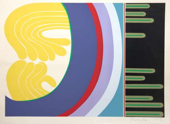 Mashiko, Kimura (Japanischer Künstler) "Growing Process", Grafik, sign. u.r. und dat. 1973, Blatt am oberen Rand Knickfalte und min. fleckig, 57x74 cm, ungerahmt - photo 1