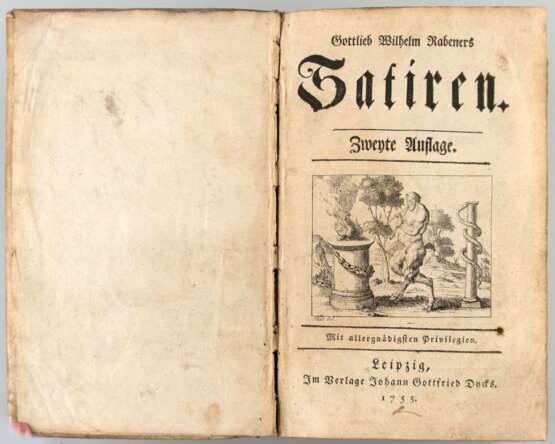 Rabeners, Gottlieb Wilhelm "Satiren", Zweyte Auflage, 4 Teile in 1 Band, Leipzig, im Verlage Johann Gottfried Dycks, 1755, Gebrauchspuren, 20x12x7,5 cm - фото 2