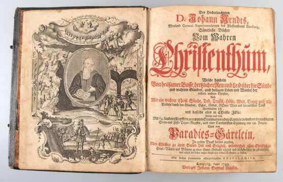 D. Johann Arndts, "Sämtliche Bücher vom wahren Christenthum....", mit 64 saubern Kupffern..., Leipzig, anno 1743, Verlag Joh. Samuel Heinhas, Ledereinband mit Gebrauchspuren, Schließen fehlen, Seiten vergilbt, … - фото 1