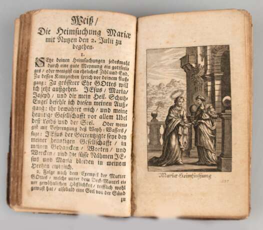 Buch "Marianischer Gnaden-Himmel", mit Kupferstichen, gedruckt zu Wienn, bey Wolffgang Schwedimann, im Jahr 1723, Ledereinband mit starken Gebrauchspuren, 13,5x8x1,2 cm - Foto 3