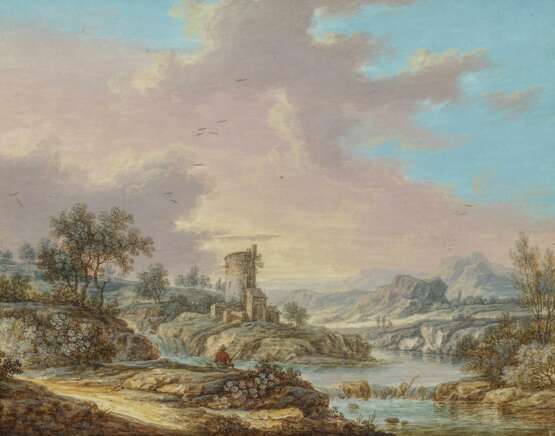 Zwei Gemälde: Flusslandschaft mit Angler bei einer Mühle. Sowie Weite Flusslandschaft mit Häusern und Wanderern an einer Furt - Foto 3