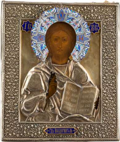 AN ICON SHOWING CHRIST PANTOKRATOR WITH SILVER-GILT AND ENAMEL OKLAD - photo 1