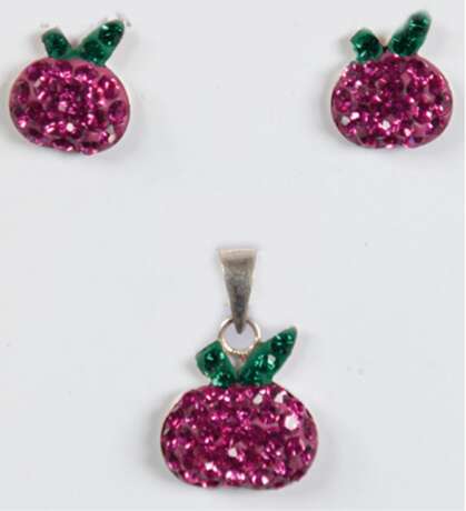 Schmuck-Set für Mädchen, rosa Äpfel mit grünen Blättern, 925er Silber, ungetragen, farbige Kristalle - Foto 1