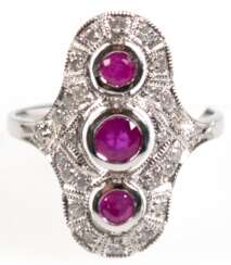 Ring im Art-Deco Stil, 925er Silber, rhodiniert, Rubine ca. 0,55 ct. und Brillanten ca. 0,25 ct., RG 54, Innendurchmesser 17,2 mm