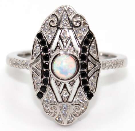 Ring, 925er Silber, schwarze und weiße Zirkonia, Opal, RG 52, Innendurchmesser 16,5 mm - photo 1