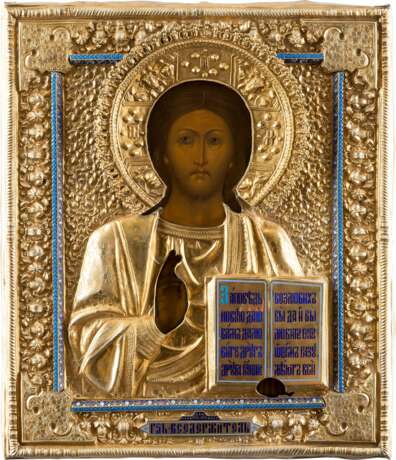 AN ICON OF CHRIST PANTOKRATOR WITH SILVER-GILT AND ENAMEL OKLAD - фото 1