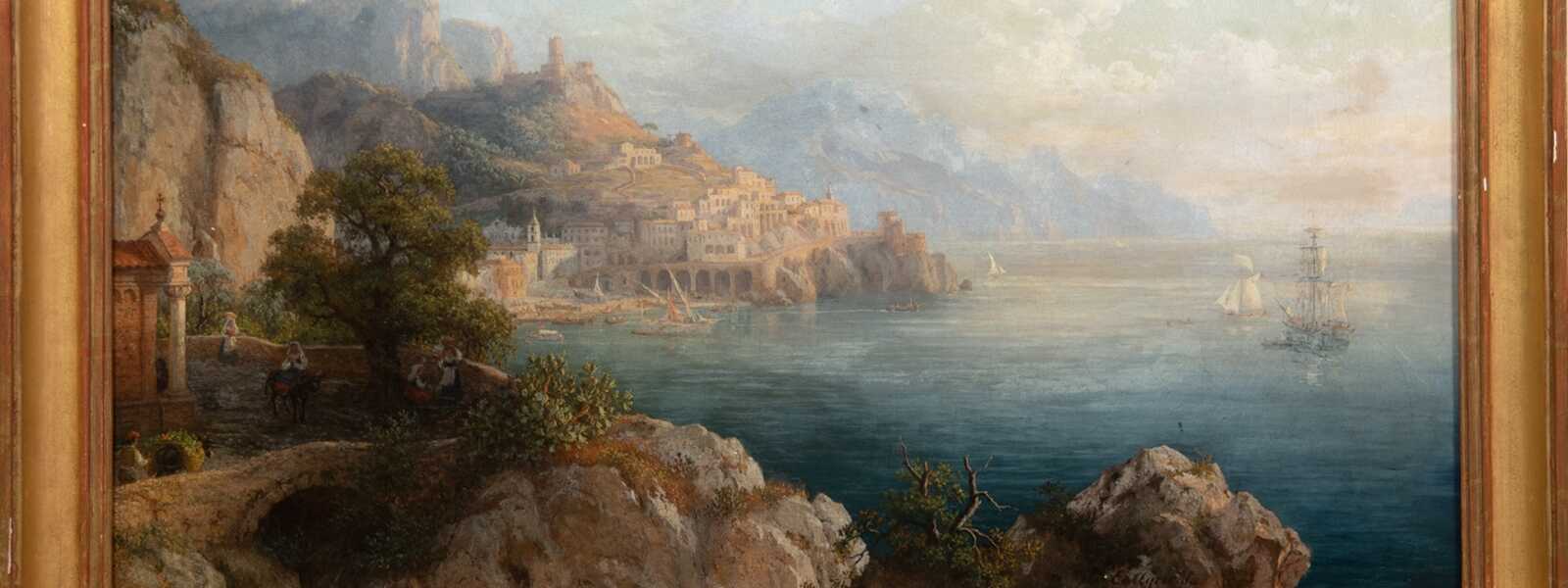 Agricola, Eduard (1800 Stuttgart- 1874 München) &quot;Blick auf Amalfi Küste vom Kapuzinerkloster&quot;, Öl/ Lw., doubliert, signiert und datiert 1864 u.r., 45x68,5 cm, Rahmen (Deutscher Landschaftsmaler, studierte an de…