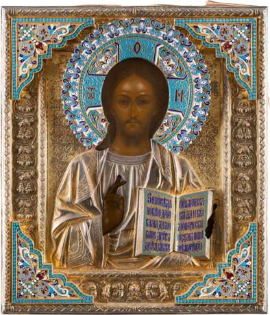 A VERY FINE ICON SHOWING CHRIST PANTOKRATOR WITH A SILVER-GILT AND CLOISONNÉ ENAMEL OKLAD - photo 1