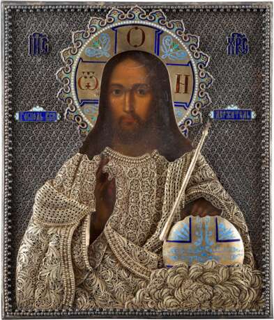 AN ICON SHOWING CHRIST THE SAVIOUR WITH SILVER FILIGREE AND CHAMPLEVÉ ENAMEL OKLAD - photo 1