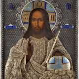 AN ICON SHOWING CHRIST THE SAVIOUR WITH SILVER FILIGREE AND CHAMPLEVÉ ENAMEL OKLAD - photo 1