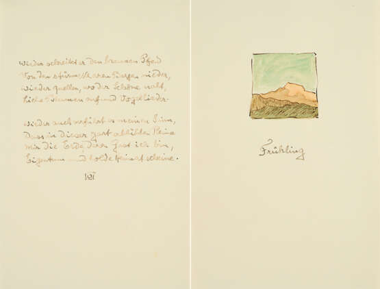 Hermann Hesse. Autograph des Gedichts "Frühling" mit Landschaftsvignette - Foto 1