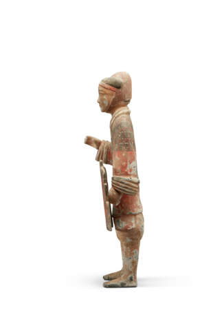 A LARGE PAINTED GREY POTTERY FIGURE OF A SOLDIER - Foto 4