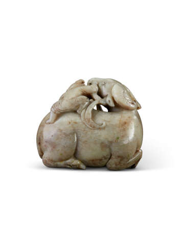 A MOTTLED CREAMY BEIGE AND PALE BROWN JADE CARVING OF A BUFFALO AND A BOY - photo 3