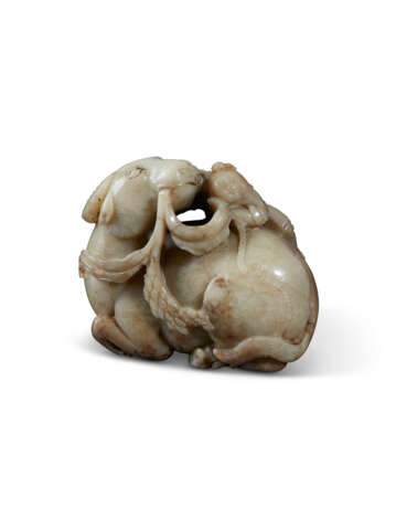 A MOTTLED CREAMY BEIGE AND PALE BROWN JADE CARVING OF A BUFFALO AND A BOY - photo 4