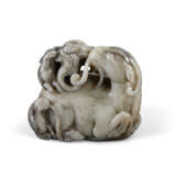 A MOTTLED GREY AND WHITE JADE CARVING OF THREE RAMS SAN YANG KAI TAI - photo 1