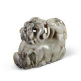 A MOTTLED GREY AND WHITE JADE CARVING OF THREE RAMS SAN YANG KAI TAI - photo 2