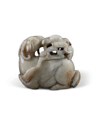 A MOTTLED GREY AND WHITE JADE CARVING OF THREE RAMS SAN YANG KAI TAI - photo 4