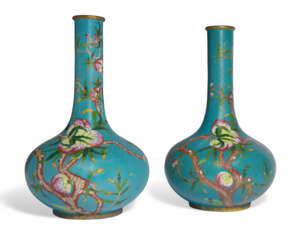 A PAIR OF CLOISONNÉ ENAMEL 'PEACHES AND BATS' BOTTLE VASES