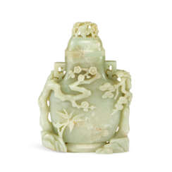 A CELADON JADE 'THREE FRIENDS OF WINTER' VASE AND COVER