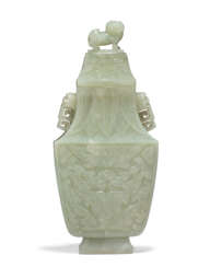 A PALE CELADON JADE ARCHAISTIC VASE AND COVER