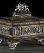 Ormolu. A FINE ITALIAN STEEL, SILVER AND GOLD DAMASCENED TABLE CASKET