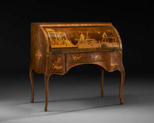 A GERMAN BRASS-MOUNTED SYCAMORE,TULIPWOOD AND MARQUETRY BUREAU