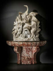 A MONUMENTAL FRENCH WHITE AND ROUGE LANGUEDOC MARBLE FOUNTAIN AND BASIN