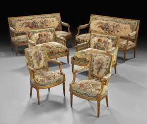 A SUITE OF LOUIS XVI GILT WALNUT AND BEAUVAIS TAPESTRY SEAT FURNITURE