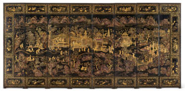 A CHINESE EXPORT BLACK-AND-GILT LACQUER EIGHT-PANEL SCREEN