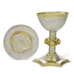 AN ELIZABETH I IRISH PARCEL-GILT SILVER CHALICE AND PATEN