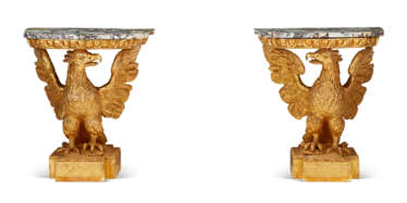 A PAIR OF GEORGE II STYLE GILTWOOD CONSOLES