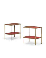 A PAIR OF ENGLISH RED-AND-GILT JAPANNED TWO-TIER BRASS SIDE TABLES