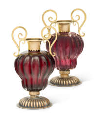 A PAIR OF GERMAN SILVER-GILT MOUNTED RUBY GLASS VASES