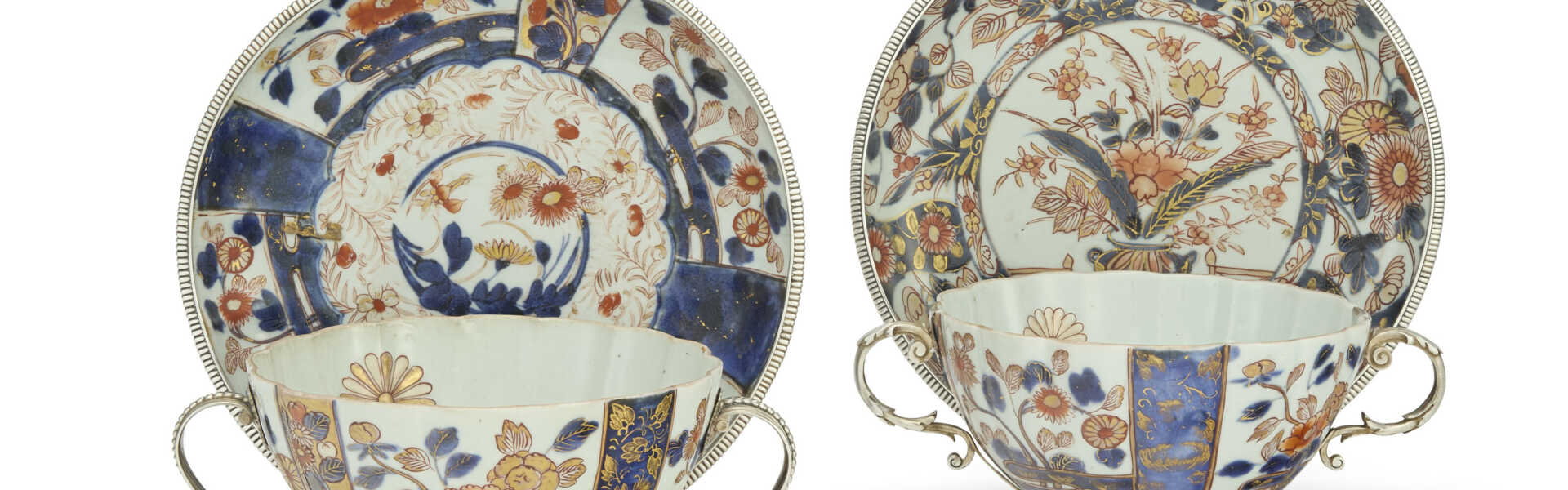 A NEAR PAIR OF REGENCE SILVER-MOUNTED IMARI PORCELAIN BOWLS AND DISHES