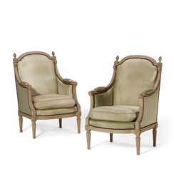 A PAIR OF LOUIS XVI GREY-PAINTED WALNUT BERGERES